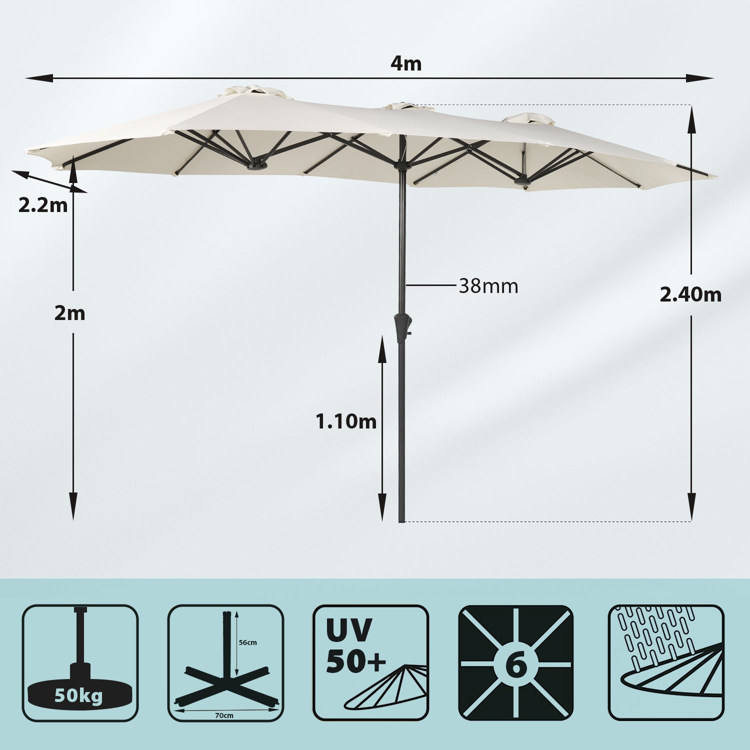 Sekey Sonnenschirm 400 x 220 cm Doppel Sonnenschirm mit Ständer Doppelsonnenschirm Garten Sekey