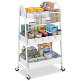 Sekey Rollwagen mit 3 Ebenen – Küchenwagen aus Stahl mit rostfester Lackierung, 2 Hängekörben & 4 Haken, 360°-Rollen mit Bremse, ergonomischem Griff, bis 30 kg belastbar, vielseitiger Servierwagen für Küche, Bad, Büro & mehr – Weiß Sekey