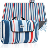 Sekey Picknickdecke – Wasserdicht & sandfest, faltbare Strandmatte mit PEVA-Unterseite, gepolstert & tragbar für Camping, Strand & Wiese – Blau-Weiß-Rote Streifen Sekey