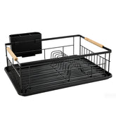 Sekey Abtropfgestell Geschirr mit Holzgriff – Platzsparender Spülen-Organizer mit Besteckablage, Schwarz & Rostfrei, Kompakter Geschirrständer für Küche