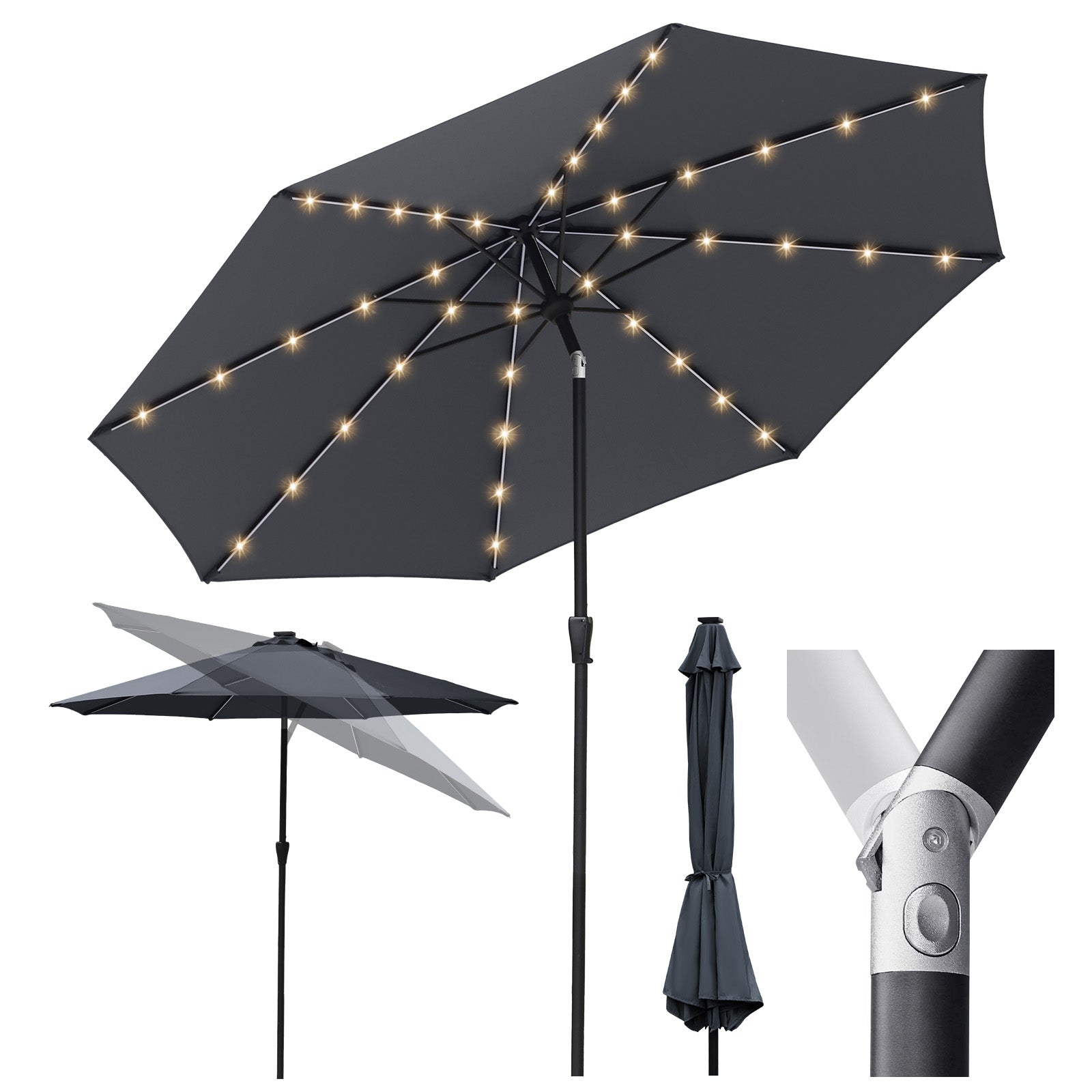 Sekey Solar-LED Sonnenschirm 300cm mit 40 LED, UV 50+, Alu-Sonnenschirm mit Kurbel Sekey