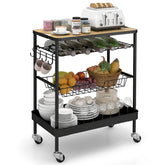 Sekey Servierwagen mit Rollen – Barwagen & Küchenwagen mit MDF-Platte, Weinglashalter, Haken & Schubladenkorb, 360°-Rollen, Griff, rostfest – Schwarz