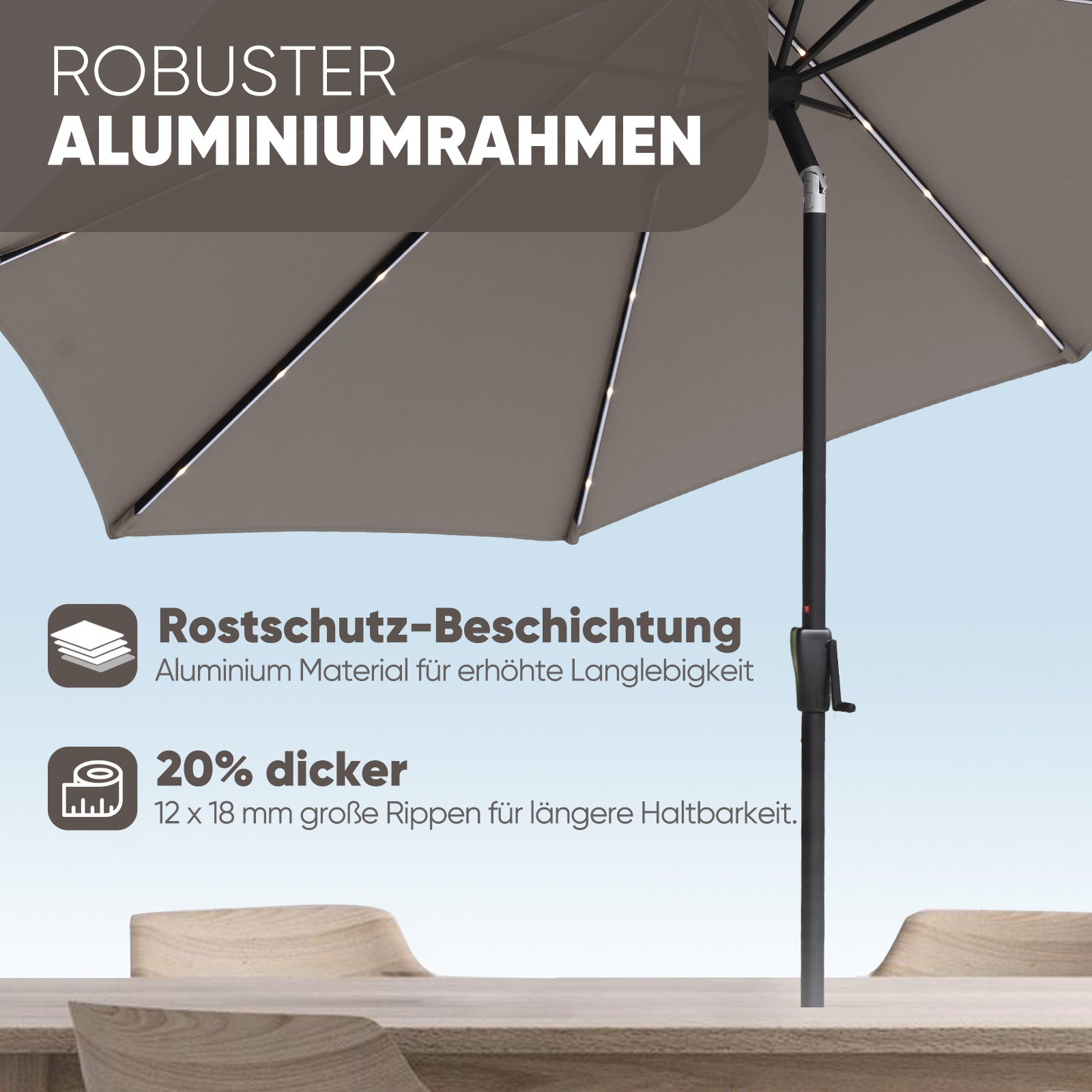 Sekey Solar-LED Sonnenschirm 300cm mit 40 LED, UV 50+, Alu-Sonnenschirm mit Kurbel Sekey