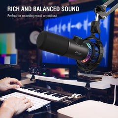 FIFINE USB Dynamic Microphone with Mute Button, Pop Filter, Shock Mount and Headphone Jack