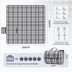 Sekey XXL Picknickdecke 200x200 cm – Waschbare & Schmutzabweisende Camping- und Stranddecke, Faltbar & Gepolstert für Outdoor, Park & Garten