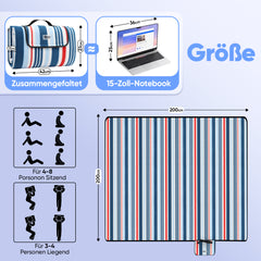 Sekey Picknickdecke – Wasserdicht & sandfest, faltbare Strandmatte mit PEVA-Unterseite, gepolstert & tragbar für Camping, Strand & Wiese – Blau-Weiß-Rote Streifen