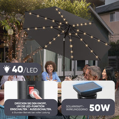 Sekey Solar-LED Sonnenschirm 300cm mit 40 LED, UV 50+, Alu-Sonnenschirm mit Kurbel