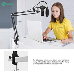 FIFINE USB condenser microphone with arm, pop filter and shock mount