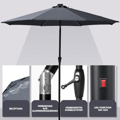 Sekey Solar-LED Sonnenschirm 300cm mit 40 LED, UV 50+, Alu-Sonnenschirm mit Kurbel