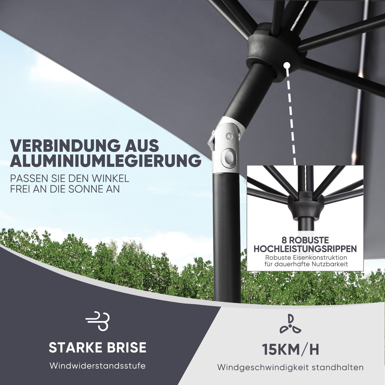 Sekey Solar-LED Sonnenschirm 300cm mit 40 LED, UV 50+, Alu-Sonnenschirm mit Kurbel Sekey