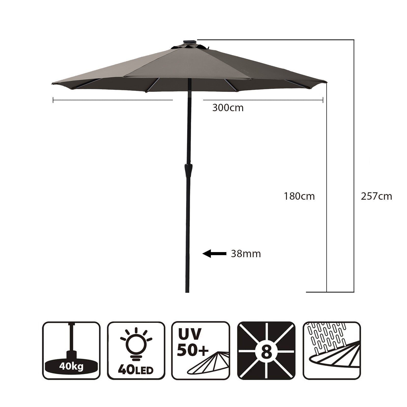 Sekey Solar-LED Sonnenschirm 300cm mit 40 LED, UV 50+, Alu-Sonnenschirm mit Kurbel Sekey