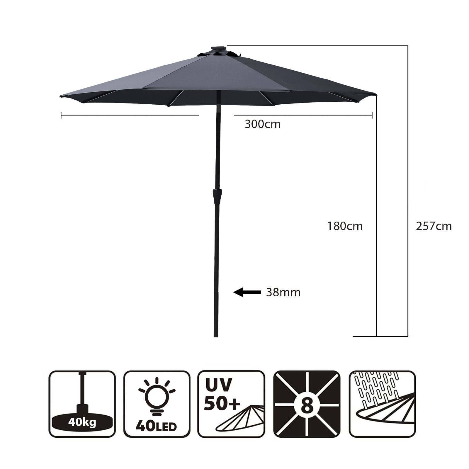 Sekey Solar-LED Sonnenschirm 300cm mit 40 LED, UV 50+, Alu-Sonnenschirm mit Kurbel Sekey