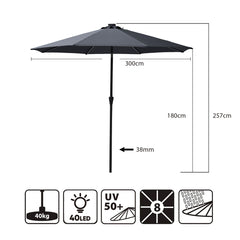 Sekey Solar-LED Sonnenschirm 300cm mit 40 LED, UV 50+, Alu-Sonnenschirm mit Kurbel