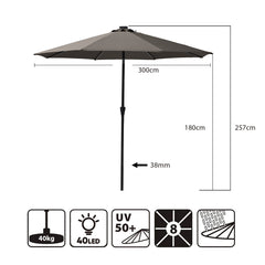 Sekey Solar-LED Sonnenschirm 300cm mit 40 LED, UV 50+, Alu-Sonnenschirm mit Kurbel