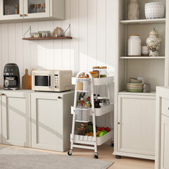 Sekey Rollwagen mit 3 Ebenen – Küchenwagen aus Stahl mit rostfester Lackierung, 2 Hängekörben & 4 Haken, 360°-Rollen mit Bremse, ergonomischem Griff, bis 30 kg belastbar, vielseitiger Servierwagen für Küche, Bad, Büro & mehr – Weiß