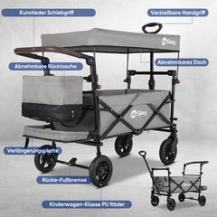 Sekey 110L / 150KG Faltbarer Bollerwagen mit Dach, Schiebegriff, Fußbreme, PU Räder, 5050