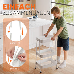 Sekey Rollwagen mit 3 Ebenen – Küchenwagen aus Stahl mit rostfester Lackierung, 2 Hängekörben & 4 Haken, 360°-Rollen mit Bremse, ergonomischem Griff, bis 30 kg belastbar, vielseitiger Servierwagen für Küche, Bad, Büro & mehr – Weiß