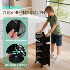Sekey Rollwagen 4 Ebenen – Küchenwagen & Nischenregal aus Stahl, rostfest, 360°-Rollen & Griffe, bis 40 kg belastbar, Servierwagen für Küche, Bad, Wohnzimmer & Arbeitszimmer – Schwarz