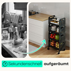Sekey Rollwagen 4 Ebenen – Küchenwagen & Nischenregal aus Stahl, rostfest, 360°-Rollen & Griffe, bis 40 kg belastbar, Servierwagen für Küche, Bad, Wohnzimmer & Arbeitszimmer – Schwarz