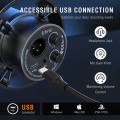 FIFINE USB / XLR Dynamic Microphone with Mute Button and Shock Mount, Headphone Jack