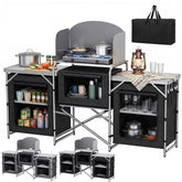 Sekey XXL Campingtisch & Campingschrank Faltbar – Campingküche mit Aluminiumgestell, Windschutz, Arbeitsfläche & 5 Staufächern, Tragbar und Zusammenklappbar