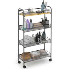 Sekey Rollwagen mit 4 Ebenen – Küchenwagen & Nischenregal auf Rollen, Stahl mit rostfester Lackierung & MDF-Oberplatte, 360°-Räder mit Griff, werkzeugloser Aufbau, platzsparender Aufbewahrungswagen für Küche, Bad & kleine Räume – Dunkelgrau