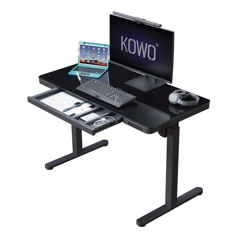 KOWO 120 cm Glass Electric Height Adjustable Desk with Drawers and Wireless Charging, Mobilo