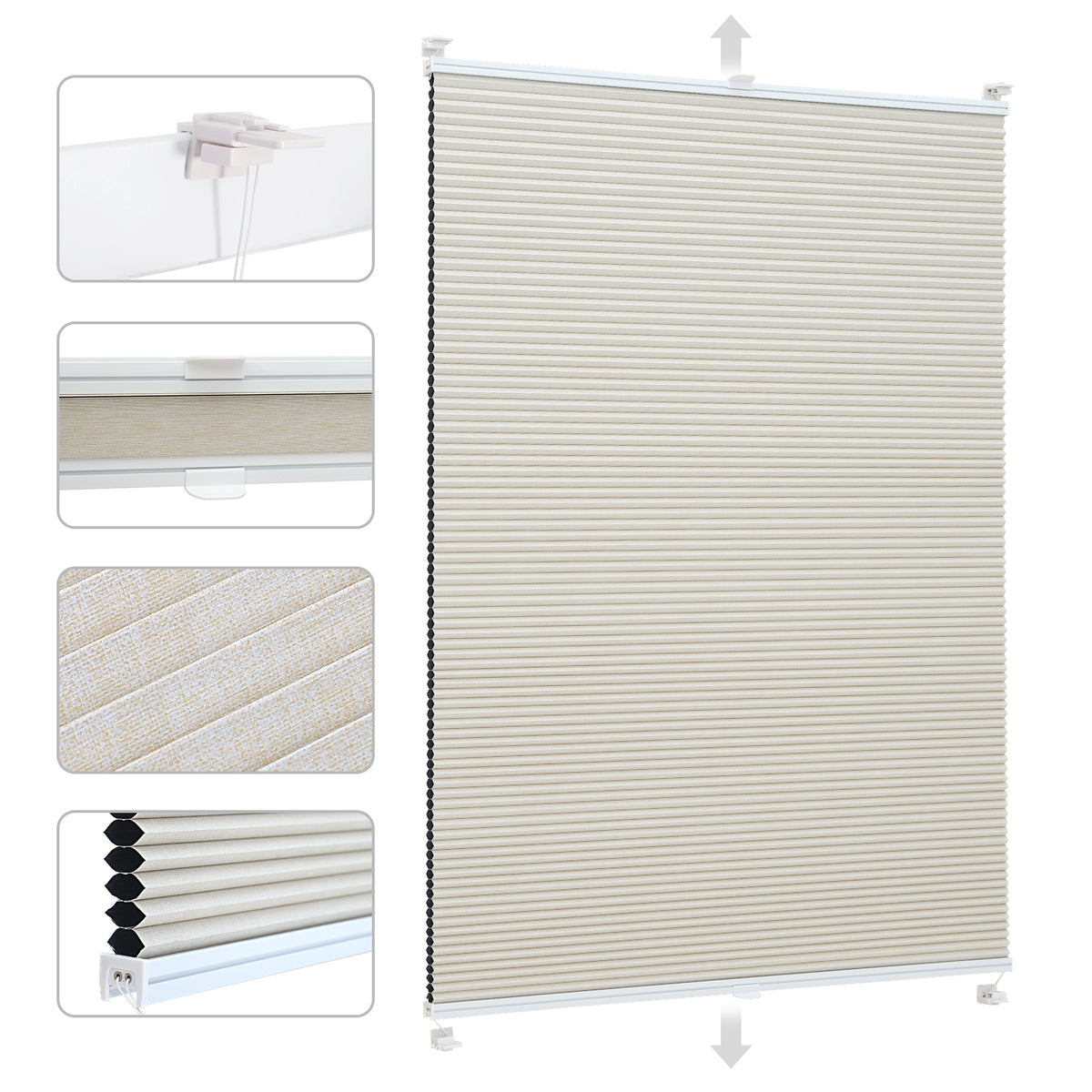 Sekey Wabenplissee ohne Bohren – 100 % Verdunkelung, blickdichtes Klemmfix Plissee in Textiloptik, Beige