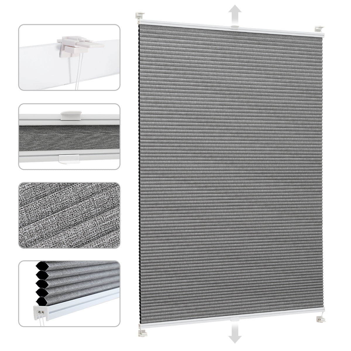 Sekey Wabenplissee ohne Bohren – 100 % Verdunkelung, blickdichtes Klemmfix Plissee in Textiloptik, Grau