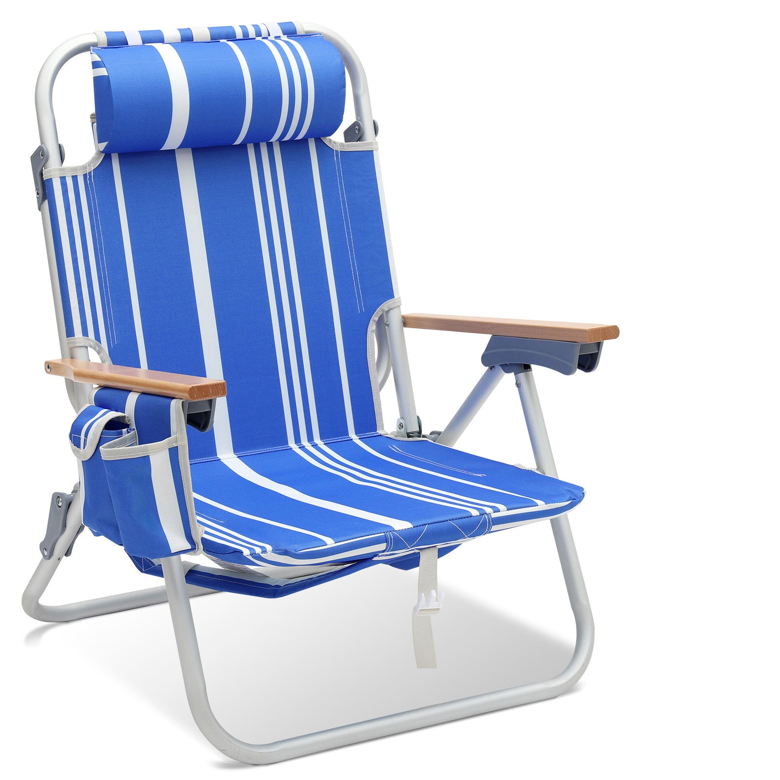 Faltbarer Aluminium-Strandstuhl mit verstellbarer Rückenlehne & Teakholz-Armlehnen – mit Kühltasche & Zubehör