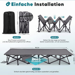 Salcar Klappbares Campingbett mit Matratze – 190 × 71 cm, 14 Standbeine, bis 250 kg, Gästebett & Feldbett