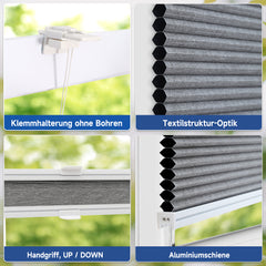 Sekey Wabenplissee ohne Bohren – 100 % Verdunkelung, blickdichtes Klemmfix Plissee in Textiloptik, Grau