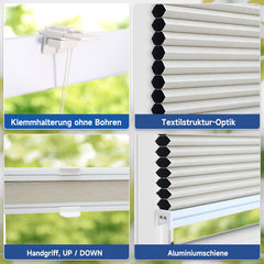 Sekey Wabenplissee ohne Bohren – 100 % Verdunkelung, blickdichtes Klemmfix Plissee in Textiloptik, Beige