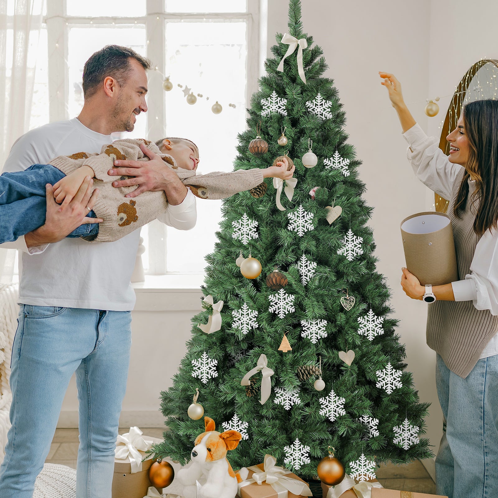 SALCAR 24 Stück Schneeflocken Weihnachtsdeko – Weiße Glitter Schneeflocken Anhänger Ø10cm, Wiederverwendbarer Baumschmuck für Weihnachtsbaum & Winterfeier