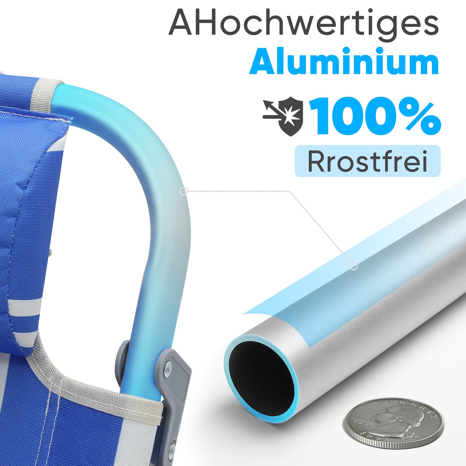 Faltbarer Aluminium-Strandstuhl mit verstellbarer Rückenlehne & Teakholz-Armlehnen – mit Kühltasche & Zubehör