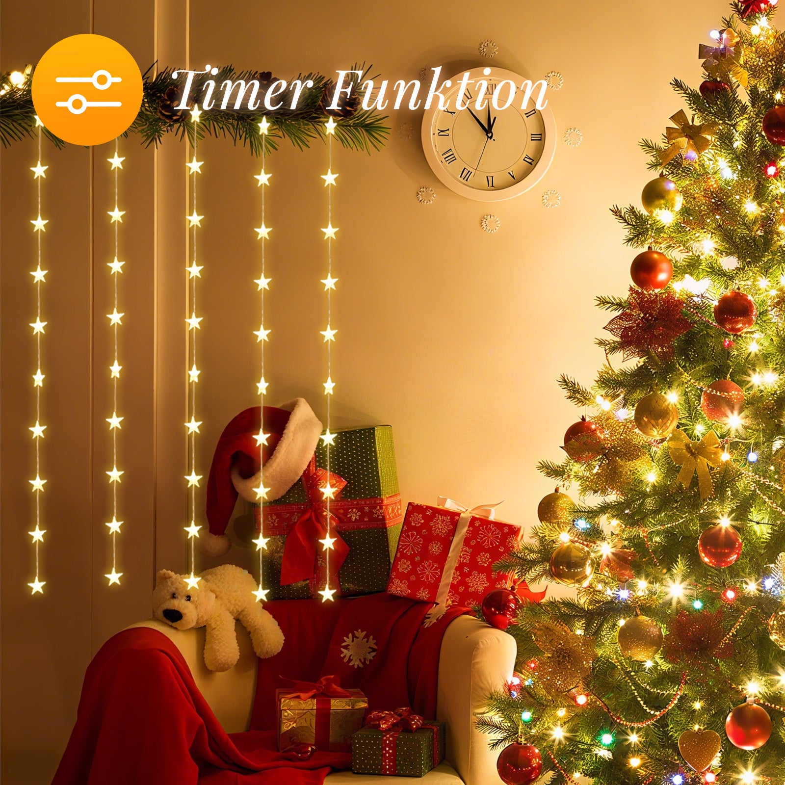 SALCAR LED Lichtervorhang Sterne 2×1m, 50 LEDs, Warmweiß, 8 Modi, USB, Timer & Memory, Dimmbar mit Fernbedienung, Weihnachtsbeleuchtung Fenster Deko für Innen