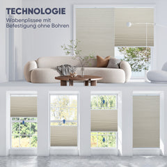 Sekey Wabenplissee ohne Bohren – 100 % Verdunkelung, blickdichtes Klemmfix Plissee in Textiloptik, Beige
