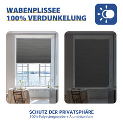 Sekey Wabenplissee ohne Bohren – 100 % Verdunkelung, blickdichtes Klemmfix Plissee in Textiloptik, Grau