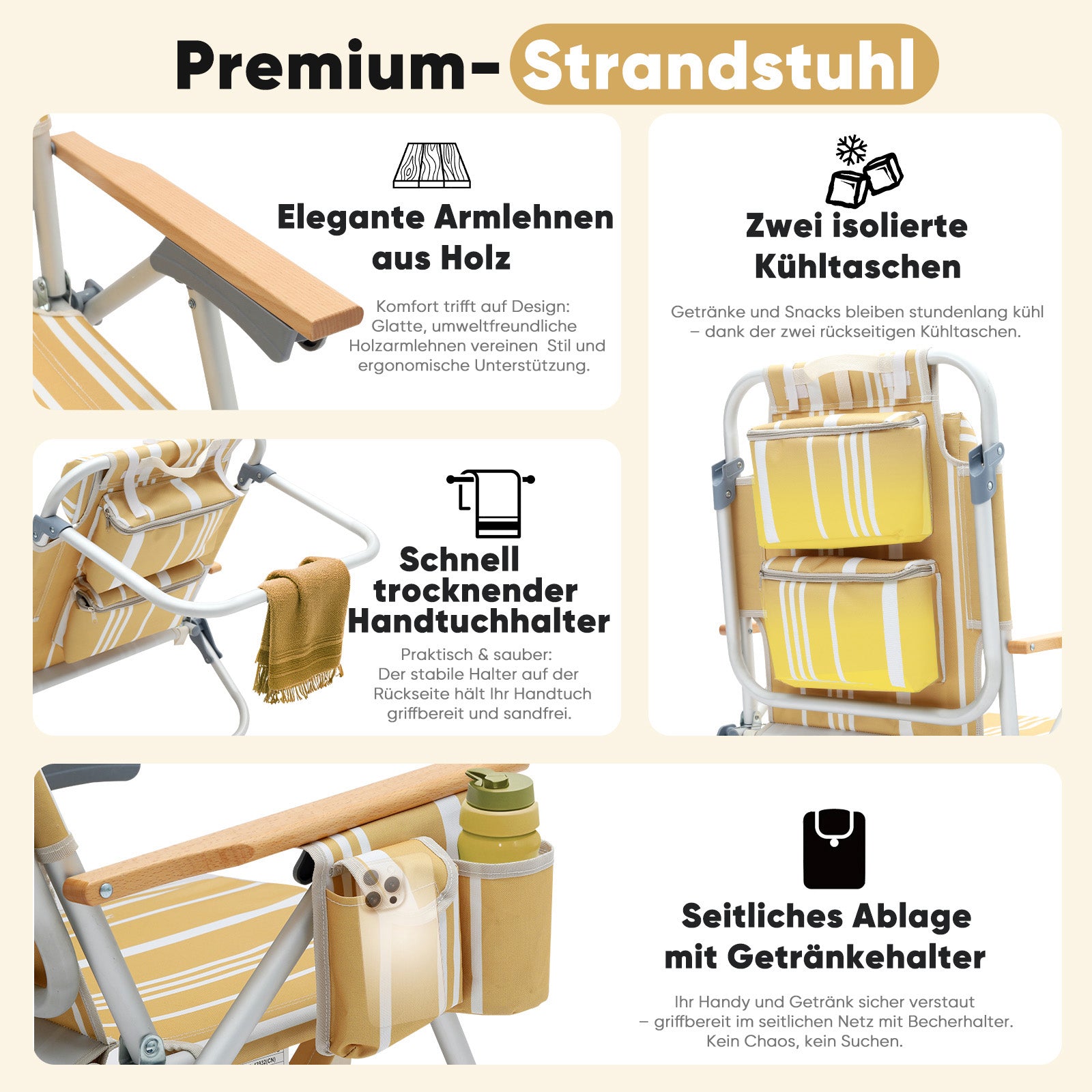 Faltbarer Aluminium-Strandstuhl mit verstellbarer Rückenlehne & Teakholz-Armlehnen – mit Kühltasche & Zubehör