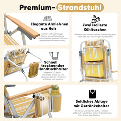 Sekey Faltbarer Aluminium-Strandstuhl mit verstellbarer Rückenlehne & Teakholz-Armlehnen – mit Kühltasche & Zubehör Sekey