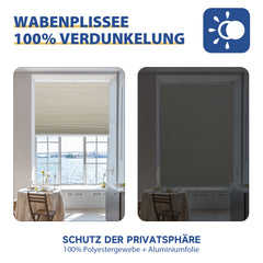 Sekey Wabenplissee ohne Bohren – 100 % Verdunkelung, blickdichtes Klemmfix Plissee in Textiloptik, Beige