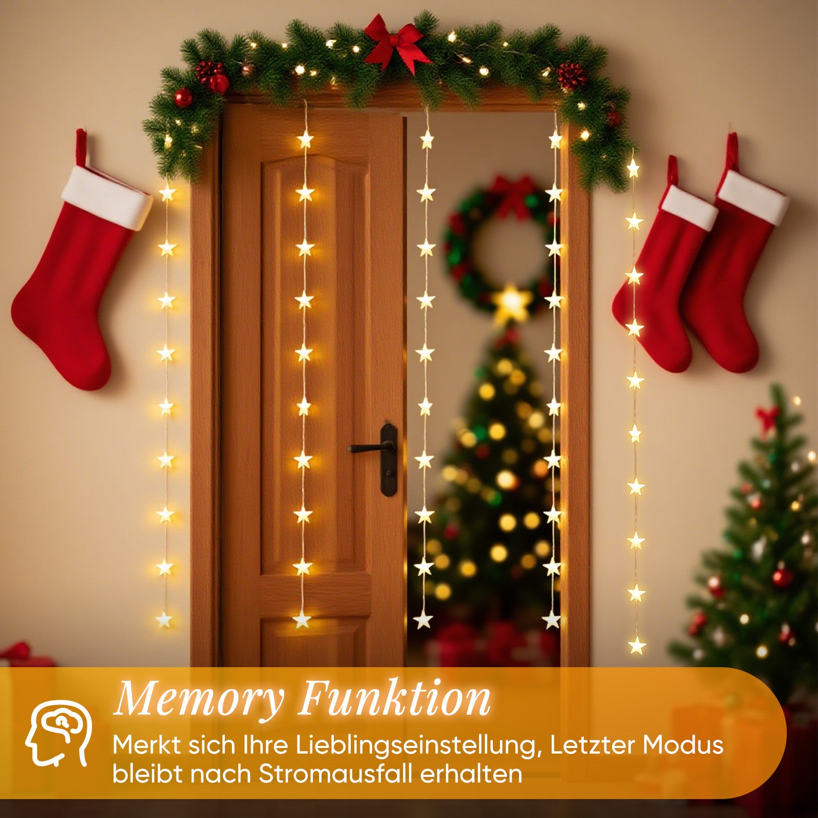 SALCAR LED Lichtervorhang Sterne 2×1m, 50 LEDs, Warmweiß, 8 Modi, USB, Timer & Memory, Dimmbar mit Fernbedienung, Weihnachtsbeleuchtung Fenster Deko für Innen