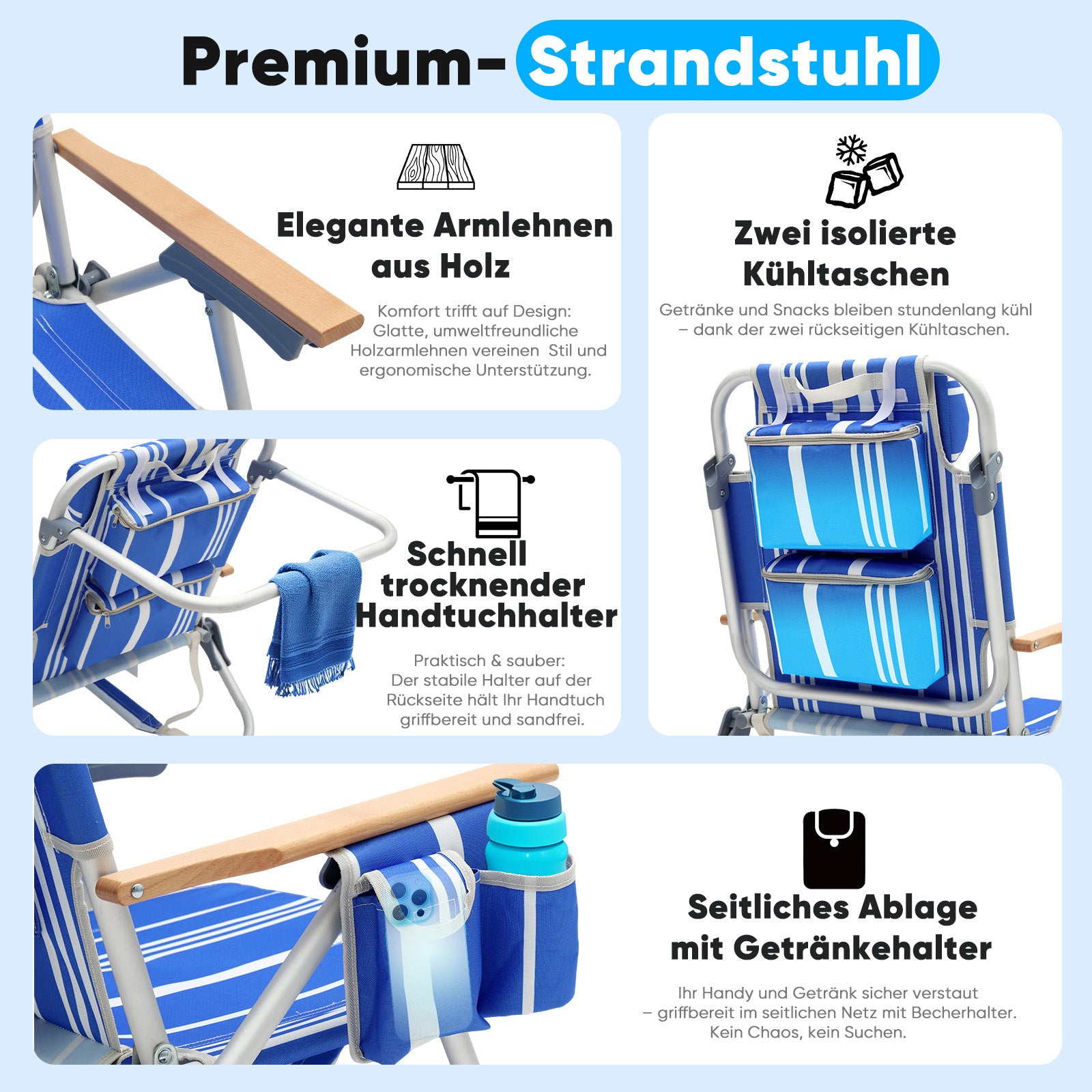 Faltbarer Aluminium-Strandstuhl mit verstellbarer Rückenlehne & Teakholz-Armlehnen – mit Kühltasche & Zubehör