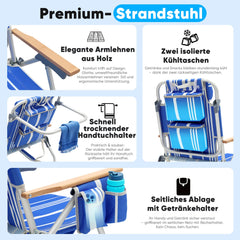 Sekey Faltbarer Aluminium-Strandstuhl mit verstellbarer Rückenlehne & Teakholz-Armlehnen – mit Kühltasche & Zubehör Sekey