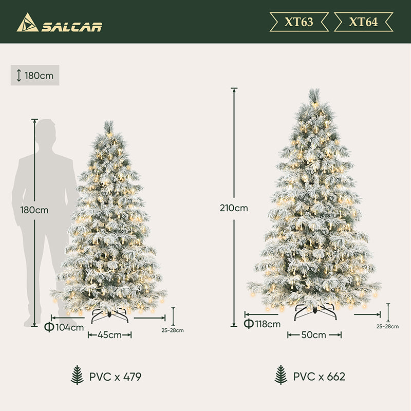 Salcar 180/210cm Künstlicher Weihnachtsbaum mit Schnee, mit 170/210 LED und 479/662 PVC Spitzen