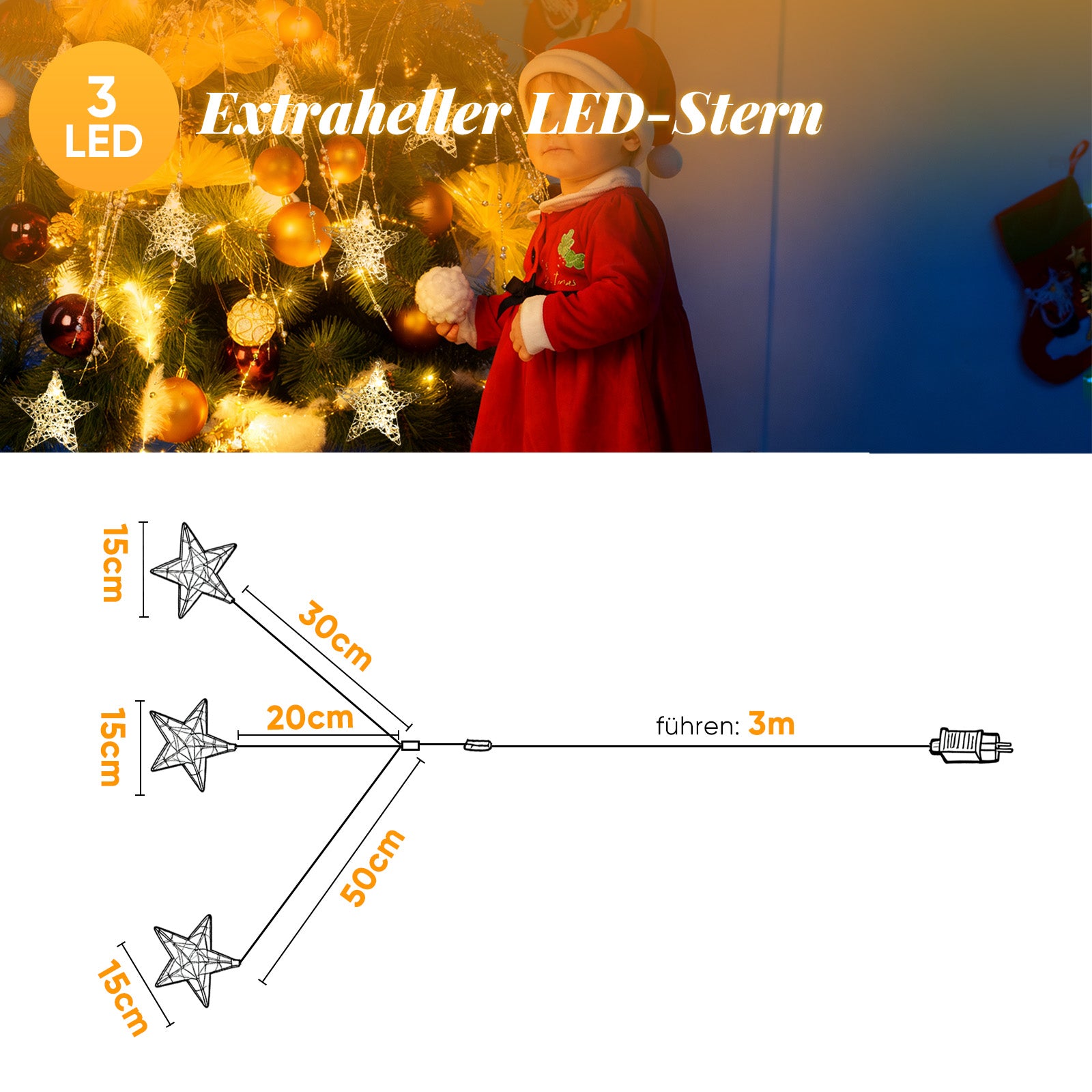 SALCAR LED-Sterne 3er-Set Ø15 cm – Warmweiße Fensterdeko mit Netzstecker & Timer, Superhelle LEDs, Weihnachtsdeko für Innen & Außen