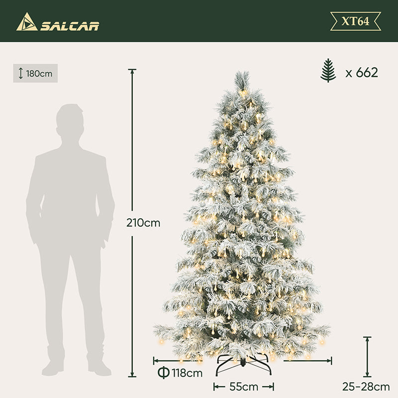 Salcar 180/210cm Künstlicher Weihnachtsbaum mit Schnee, mit 170/210 LED und 479/662 PVC Spitzen