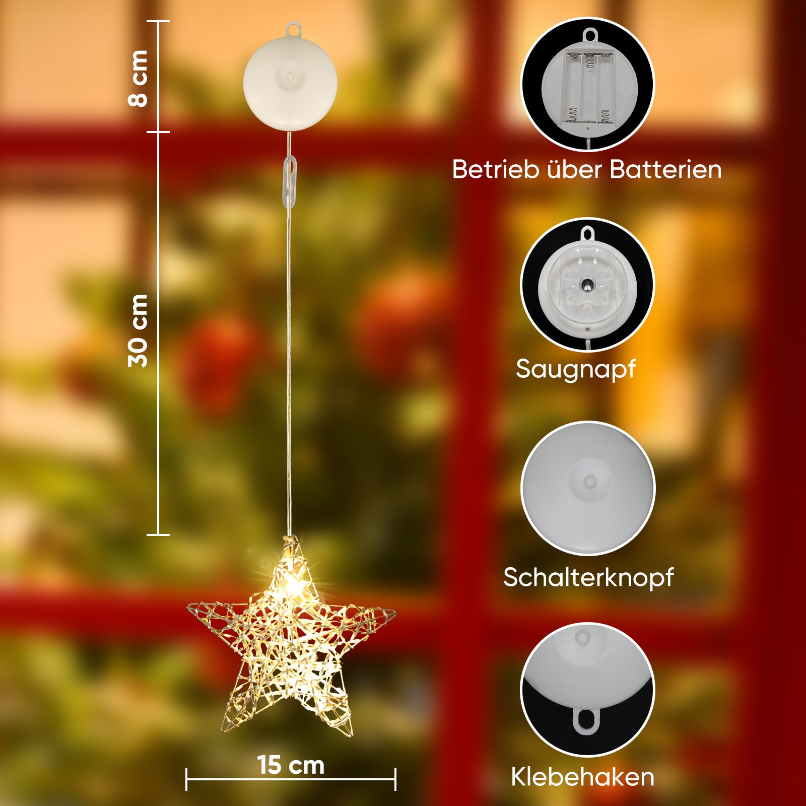 SALCAR LED-Stern Ø15 cm – Warmweiße Fensterdeko, Batteriebetrieben, Mit Saugnapf, Kabellos & Flexibel, Perfekte Weihnachts- und Partystimmung