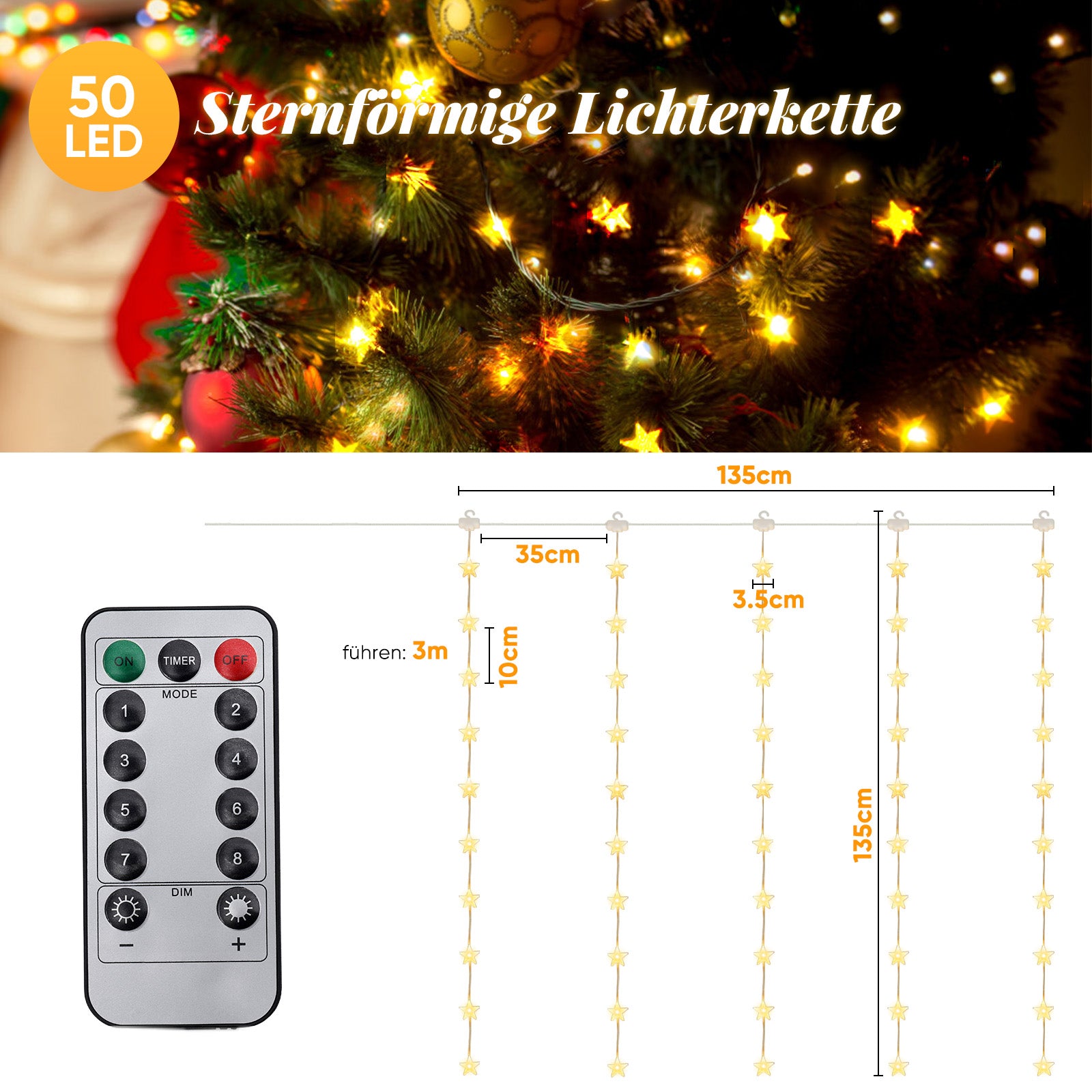 SALCAR LED Lichtervorhang Sterne 2×1m, 50 LEDs, Warmweiß, 8 Modi, USB, Timer & Memory, Dimmbar mit Fernbedienung, Weihnachtsbeleuchtung Fenster Deko für Innen