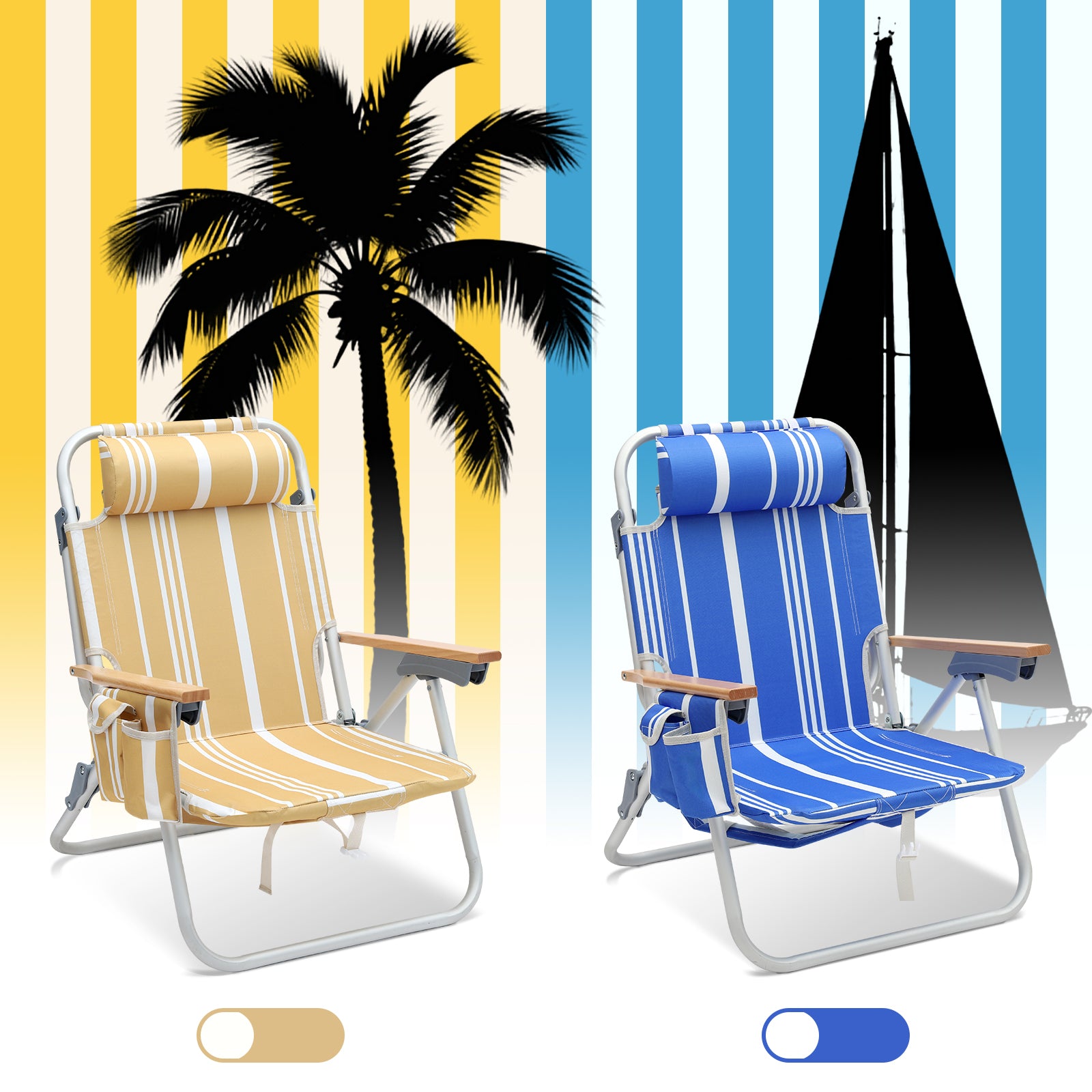 Faltbarer Aluminium-Strandstuhl mit verstellbarer Rückenlehne & Teakholz-Armlehnen – mit Kühltasche & Zubehör